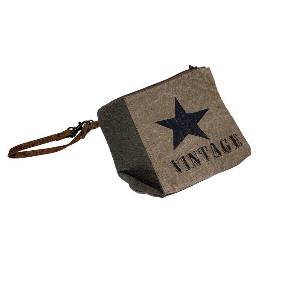 Myra Bag Star Vintage Wristlet Small Upcycled Canvas Leather Boho Pouch Western